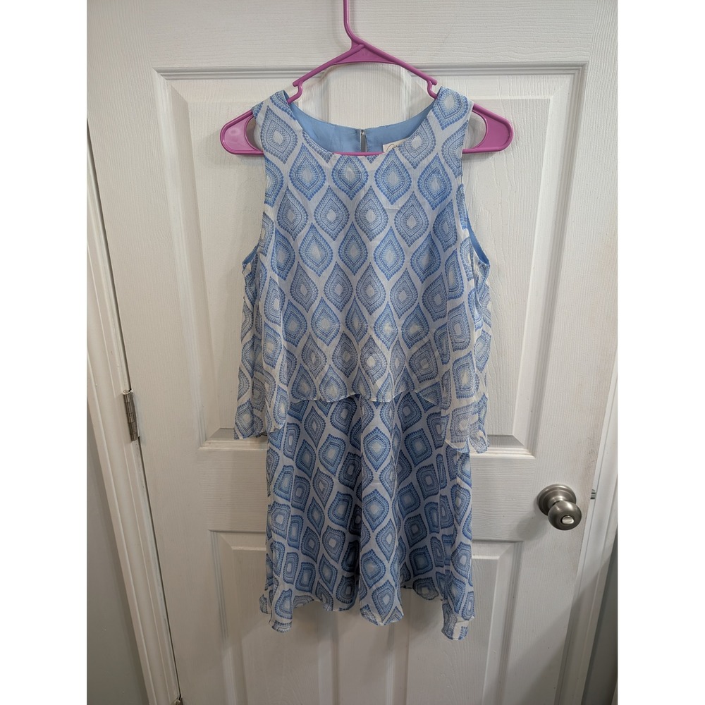 Amy Matto Popover Dress Blue White Geometric Diamond Sleeveless Mini‎ - Size 2